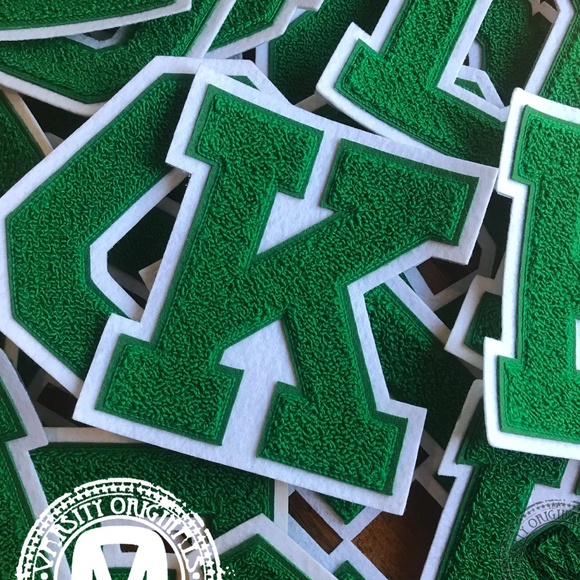 Kelly Green/White 6” Chenille Varsity Letter Patches / A-Z Available MADE IN USA - Picture 1 of 4